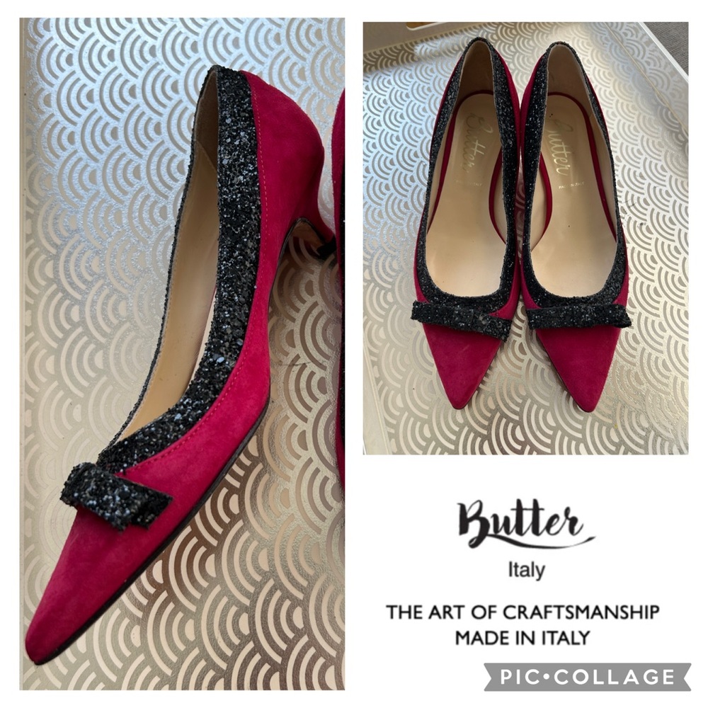BUTTER Italy Magenta Suede Kitten Heel Pumps With Black Sequin Bows + Trim 6.5